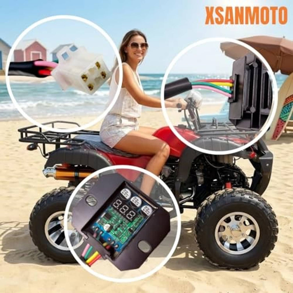 Voltage regulator rectifier with LED digital display mounted on an ATV with wire leads