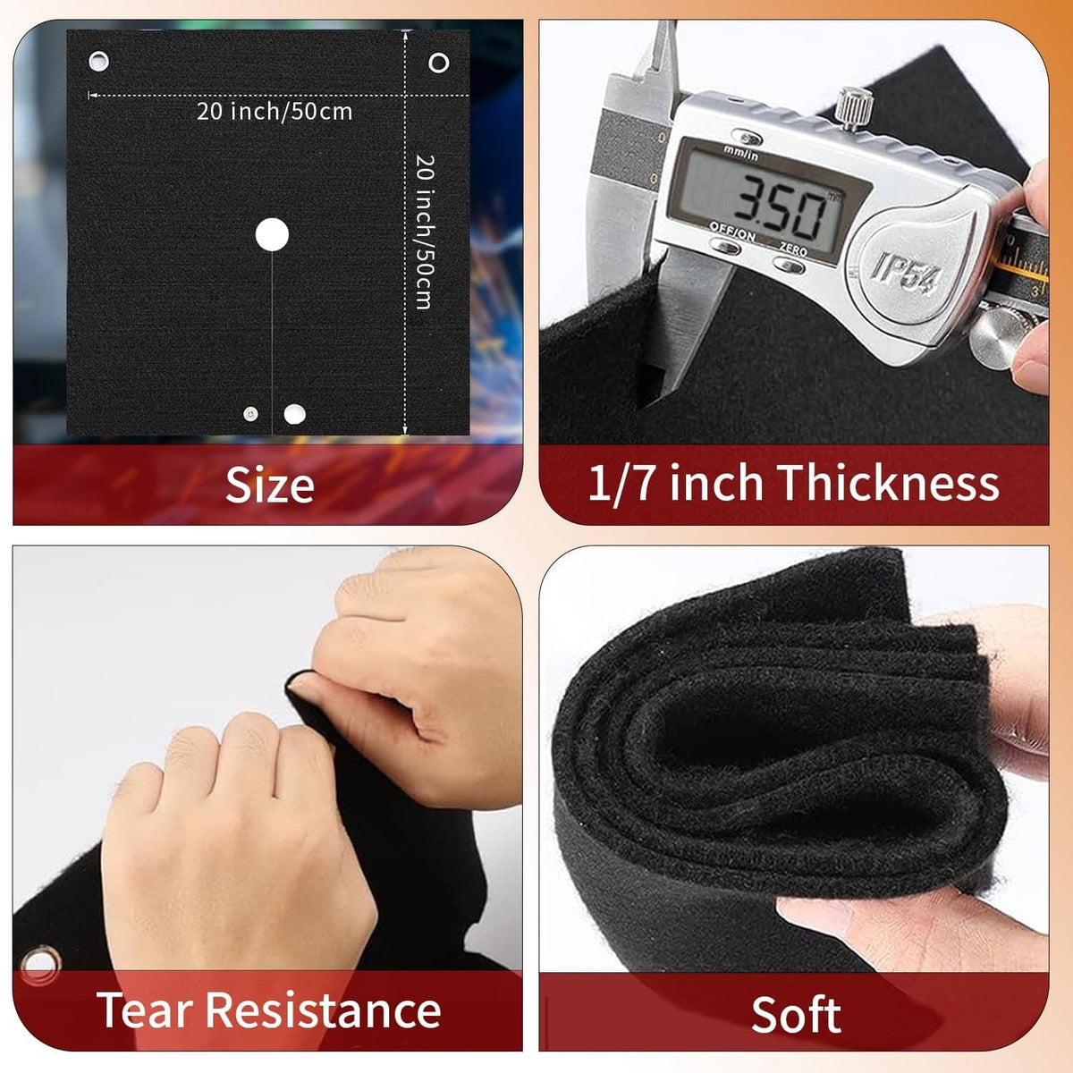 Black welding blanket with two metal grommets, showing size and thickness details