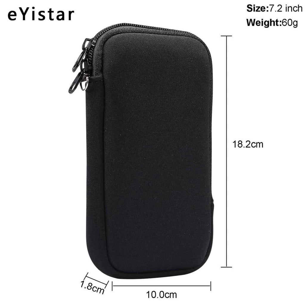 Black zippered neoprene phone sleeve pouch with compact rectangular shape
