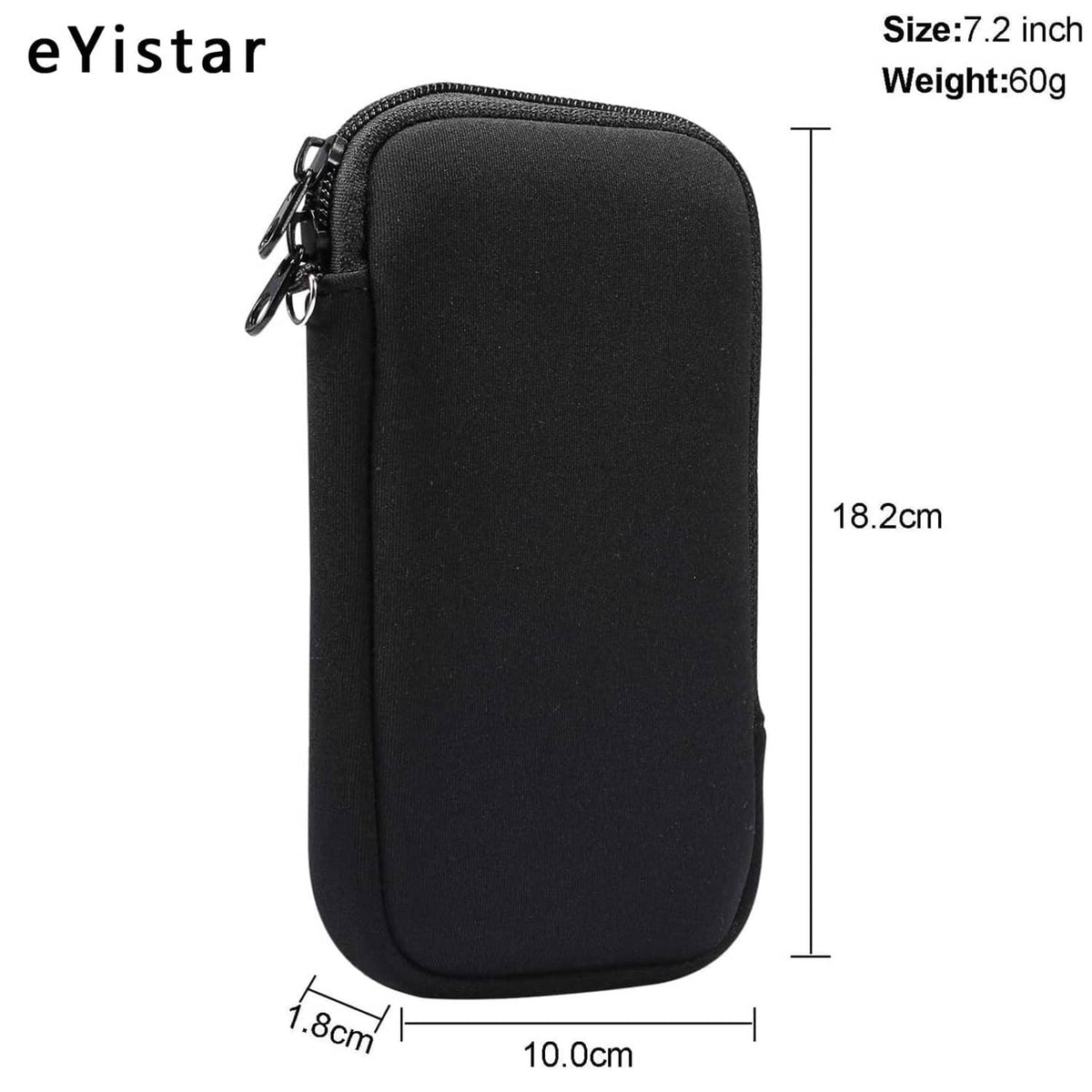 Black zippered neoprene phone sleeve pouch with compact rectangular shape