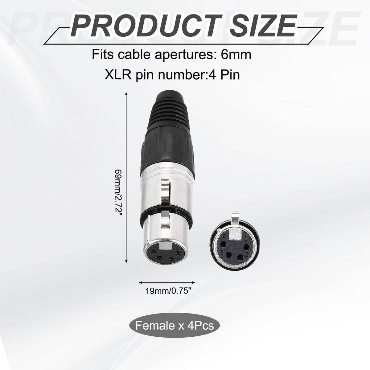 4-pin XLR female connector, black grip with silver metal housing and pin socket