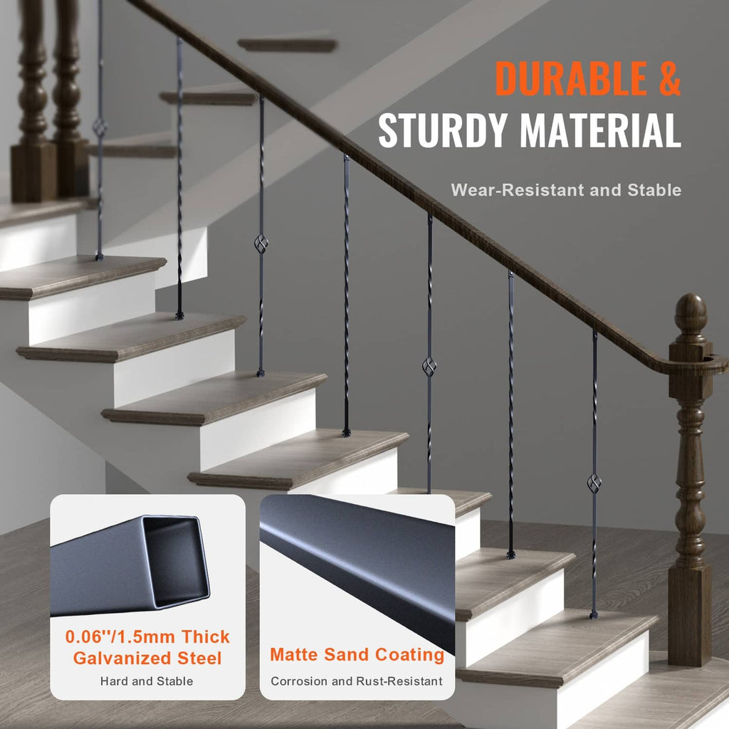 Deck staircase balusters with matte black twist rods and decorative basket ring details