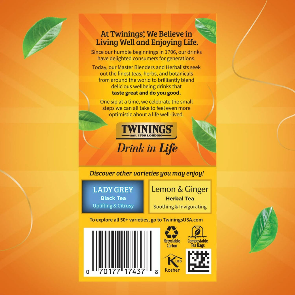 Twinings tea box back panel with brand story and other variety names