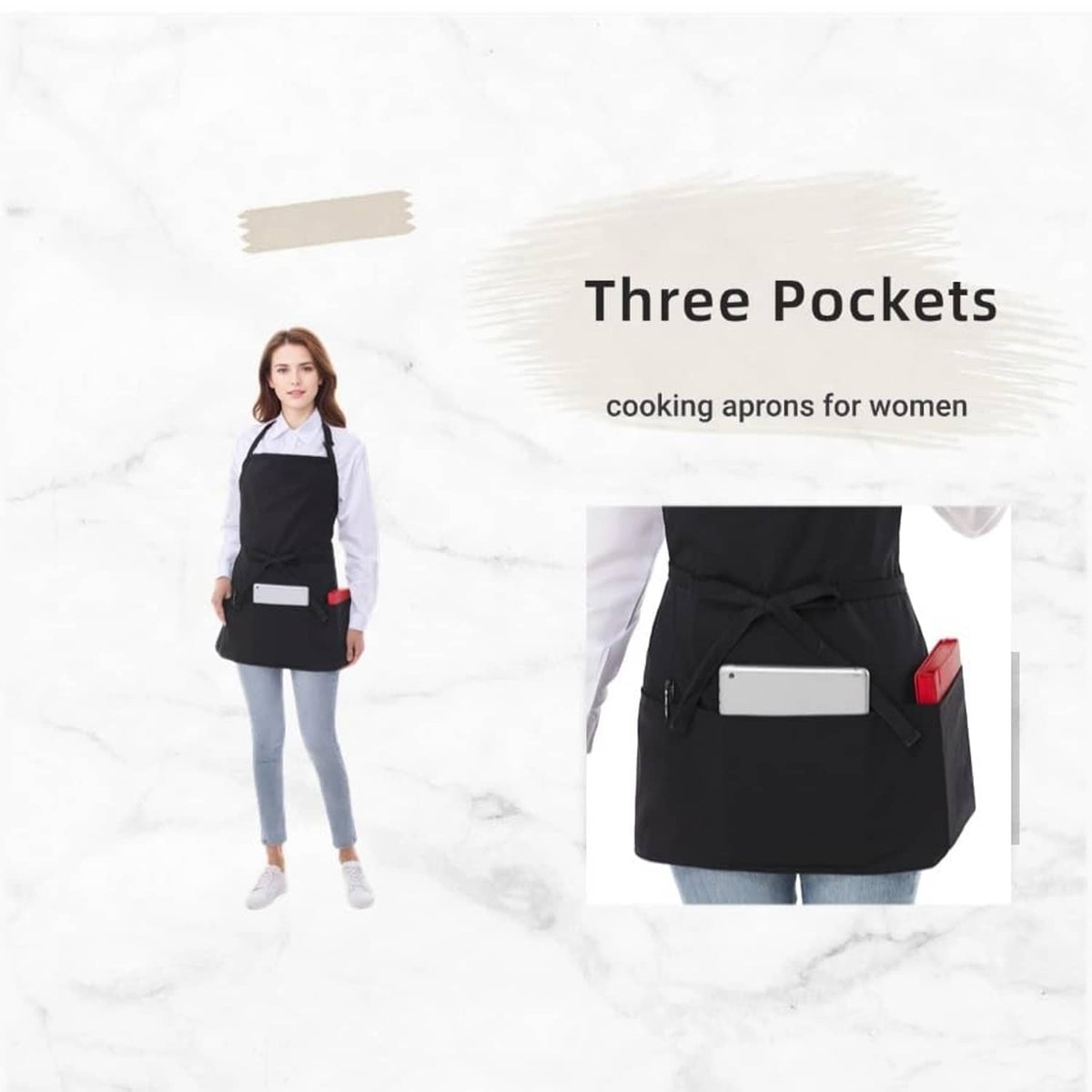 Black 3-pocket cooking apron with waist tie and large front pocket panel.
