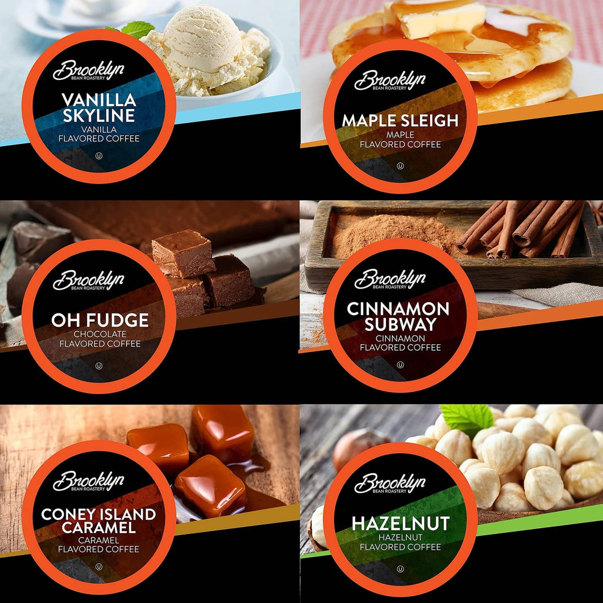 Variety pack coffee pod labels showing several flavored options