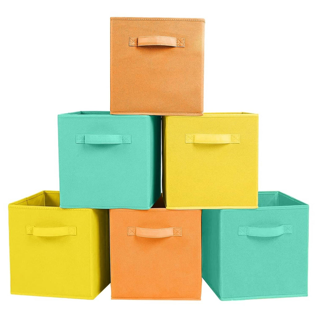 Six-piece foldable fabric storage bins in mint, orange, yellow, and teal cubes