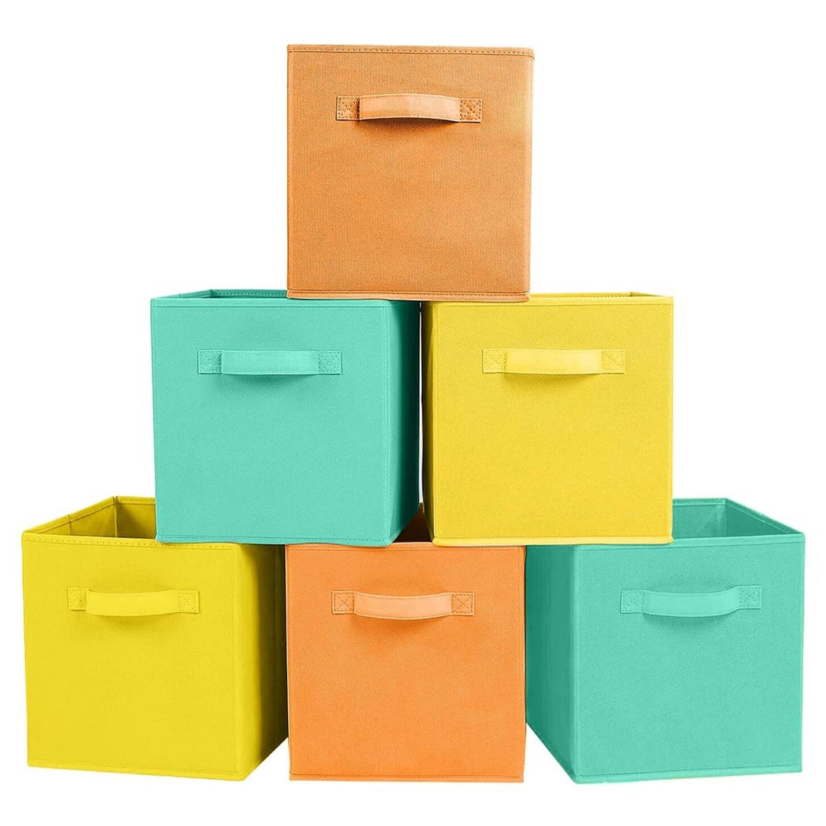 Six-piece foldable fabric storage bins in mint, orange, yellow, and teal cubes