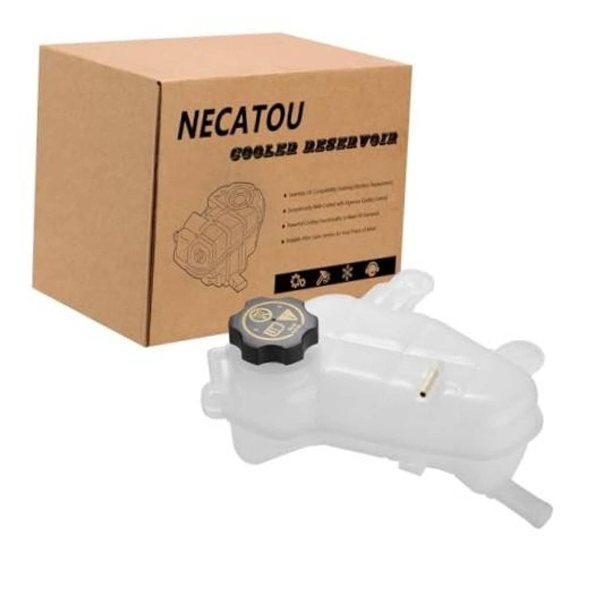 White coolant reservoir tank with cap, shown with retail package