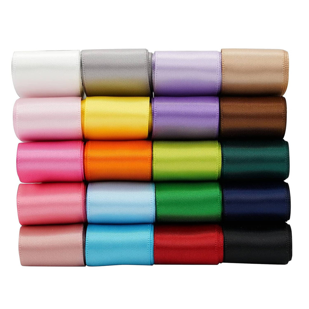Assorted color double-faced satin ribbon, 1-inch wide, shown stacked in rolls