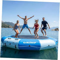 Blue and white inflatable water trampoline raft with black jump mat, GIRISHIP logo