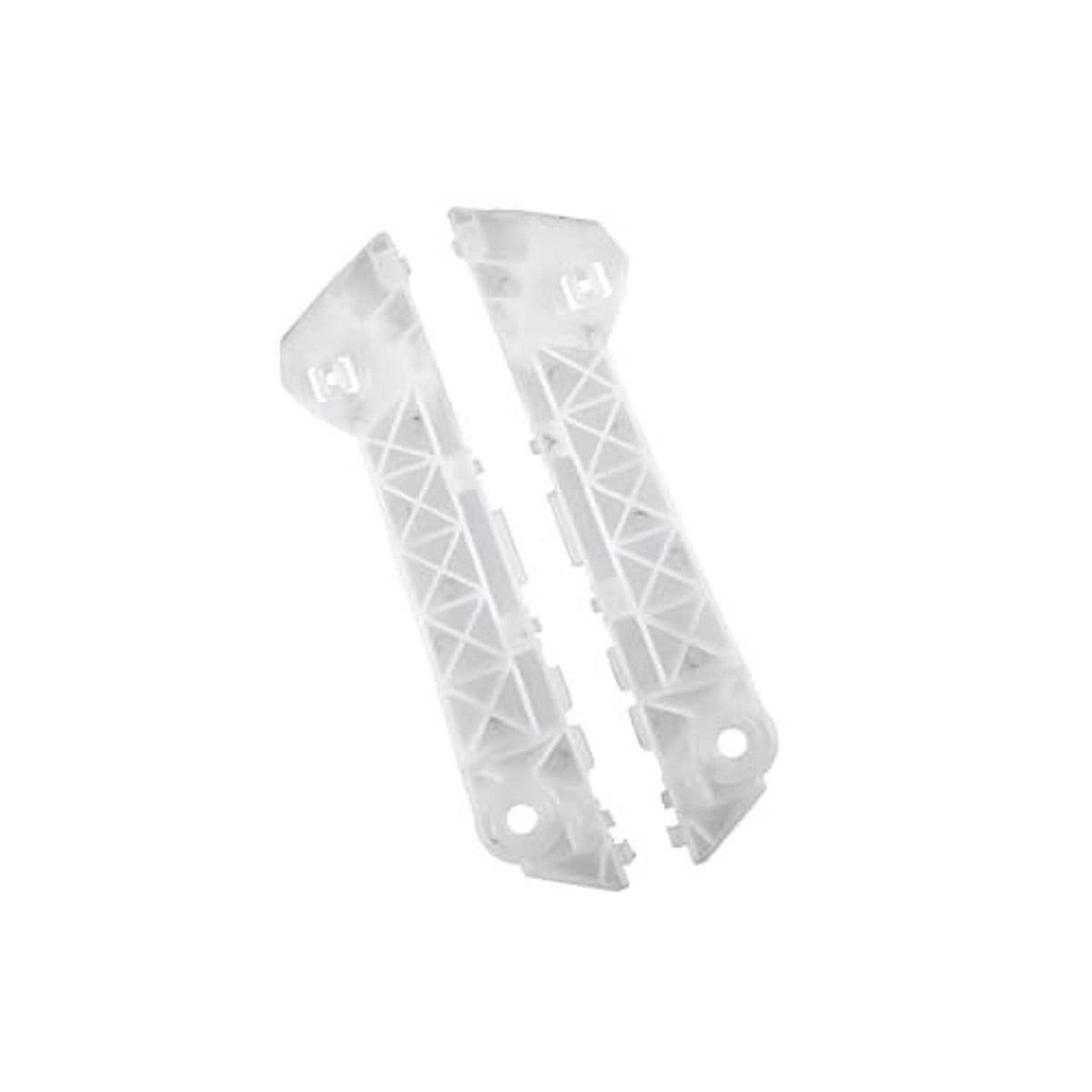 Pair of front bumper bracket retainers, white plastic, angled view with mounting openings