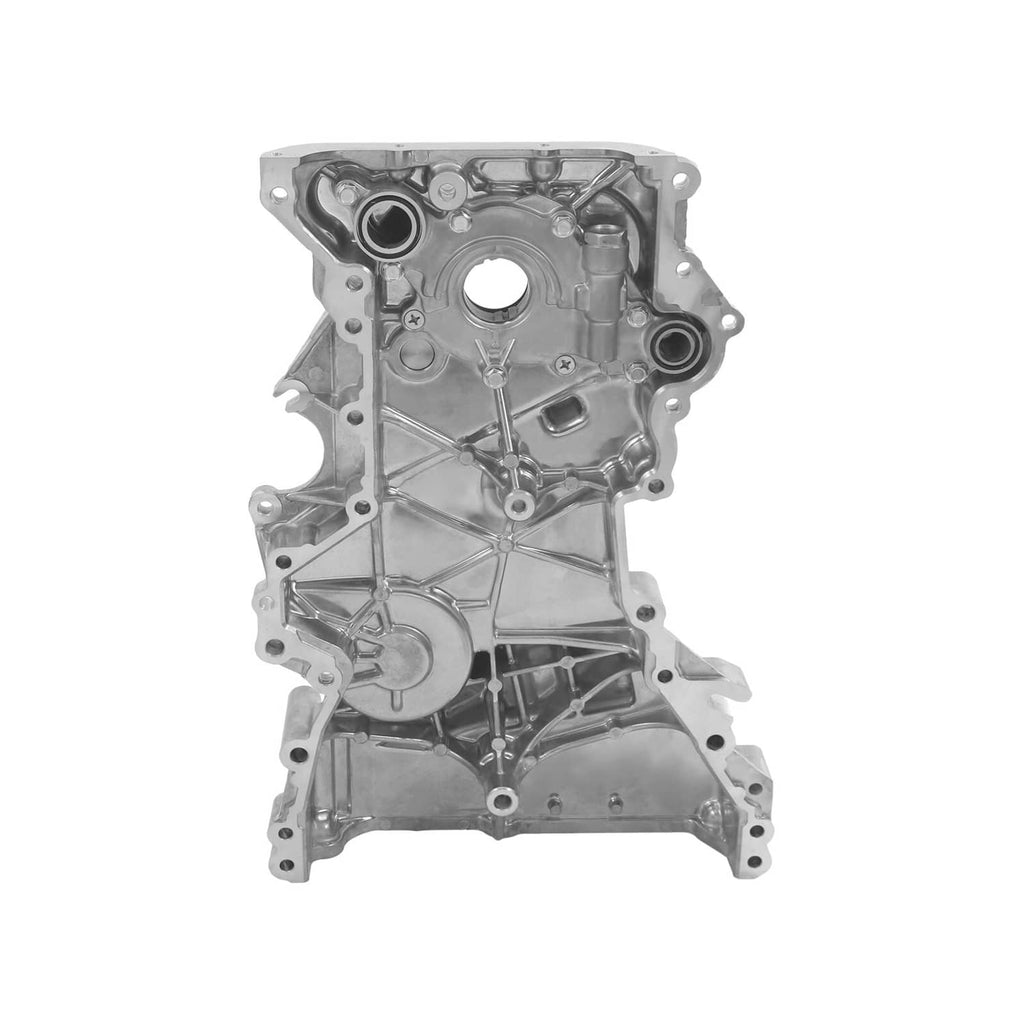 Silver timing chain cover assembly with circular openings and bolt holes
