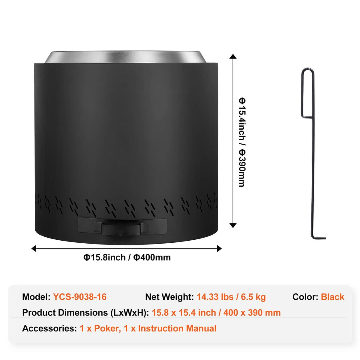 Black wood-burning fire pit stove with included poker tool