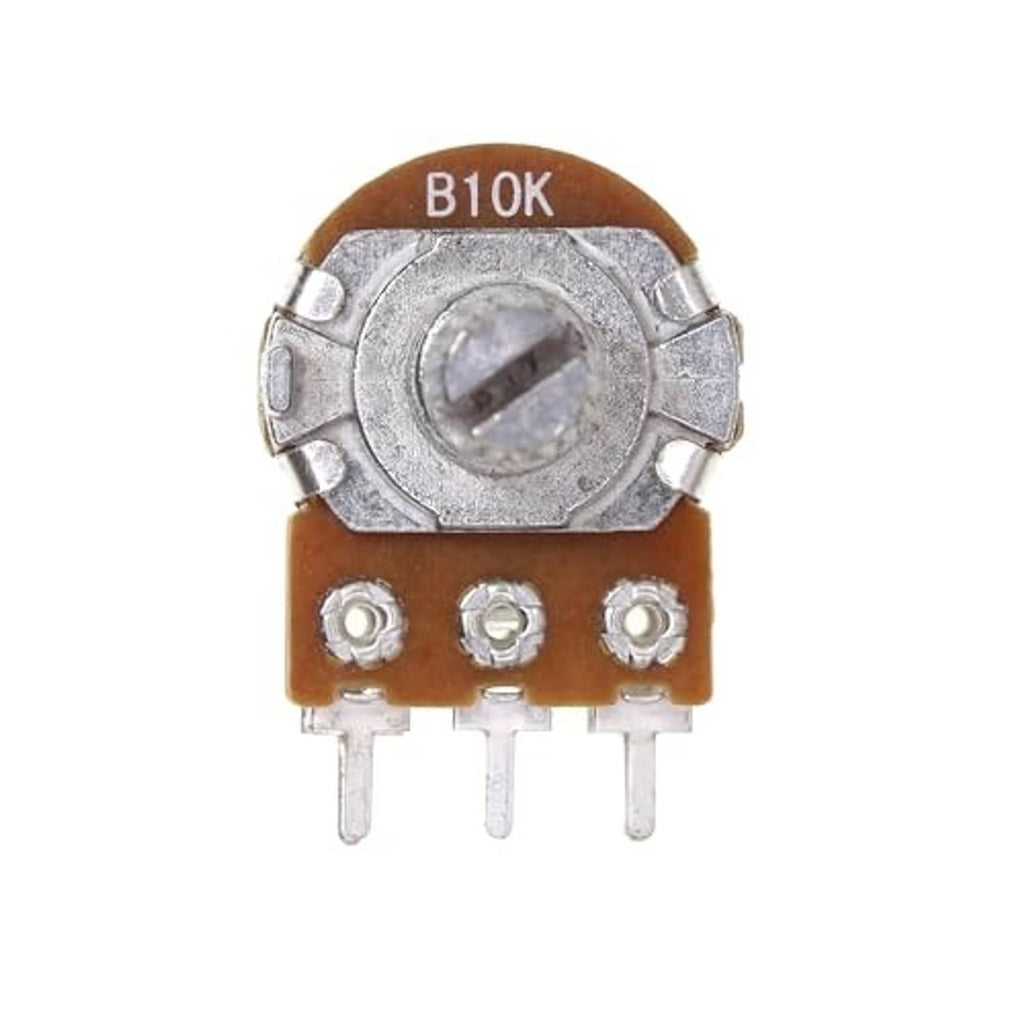 Horizontal 10k potentiometer with B10K label, metal shaft, and three solder pins
