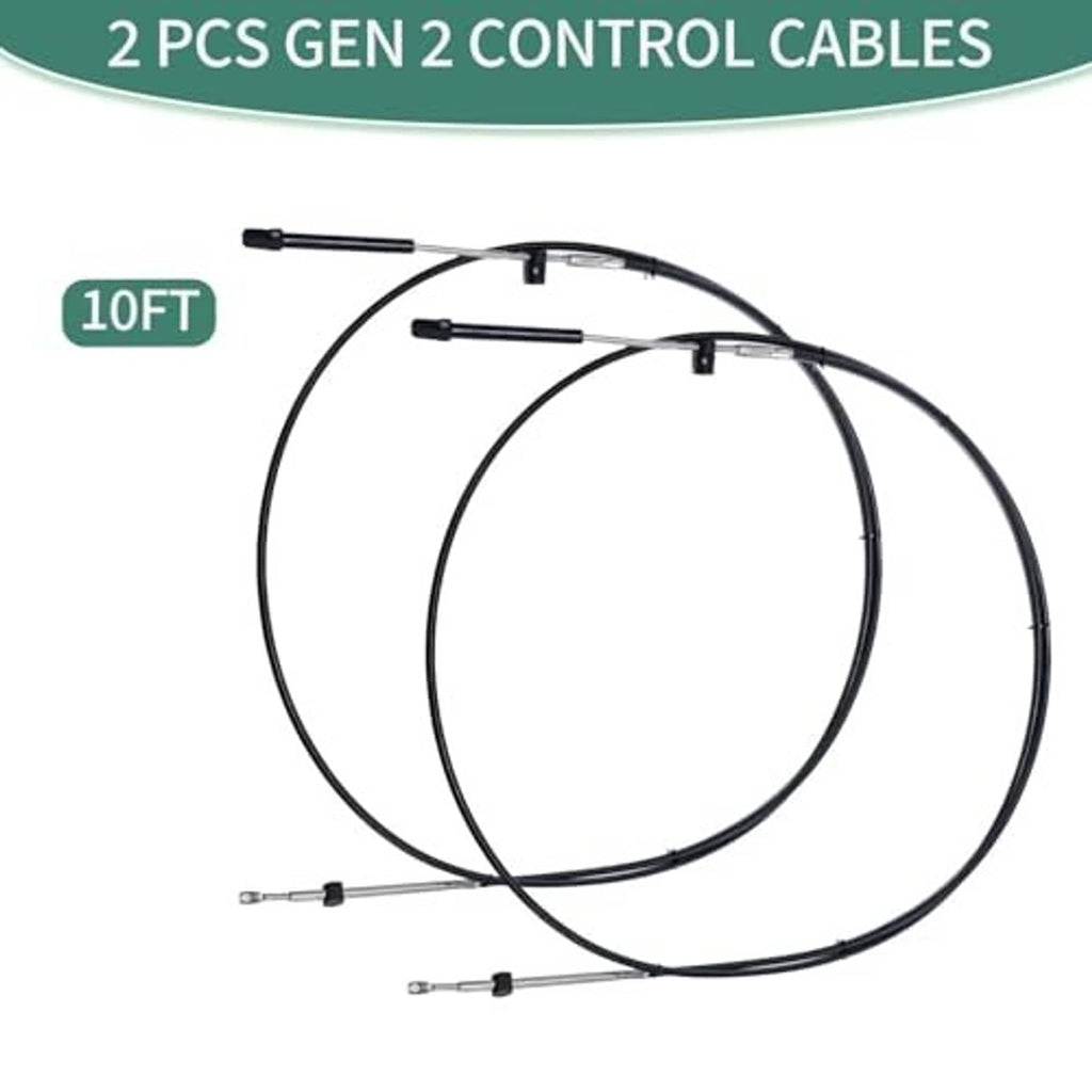 Two black boat control cables, 10 ft length, with throttle and shifter end fittings