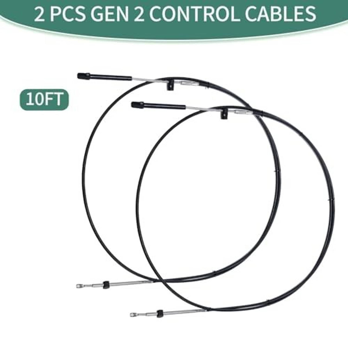 Two black boat control cables, 10 ft length, with throttle and shifter end fittings