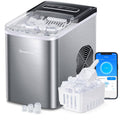 Portable countertop ice maker with clear lid, stainless steel body, black control panel