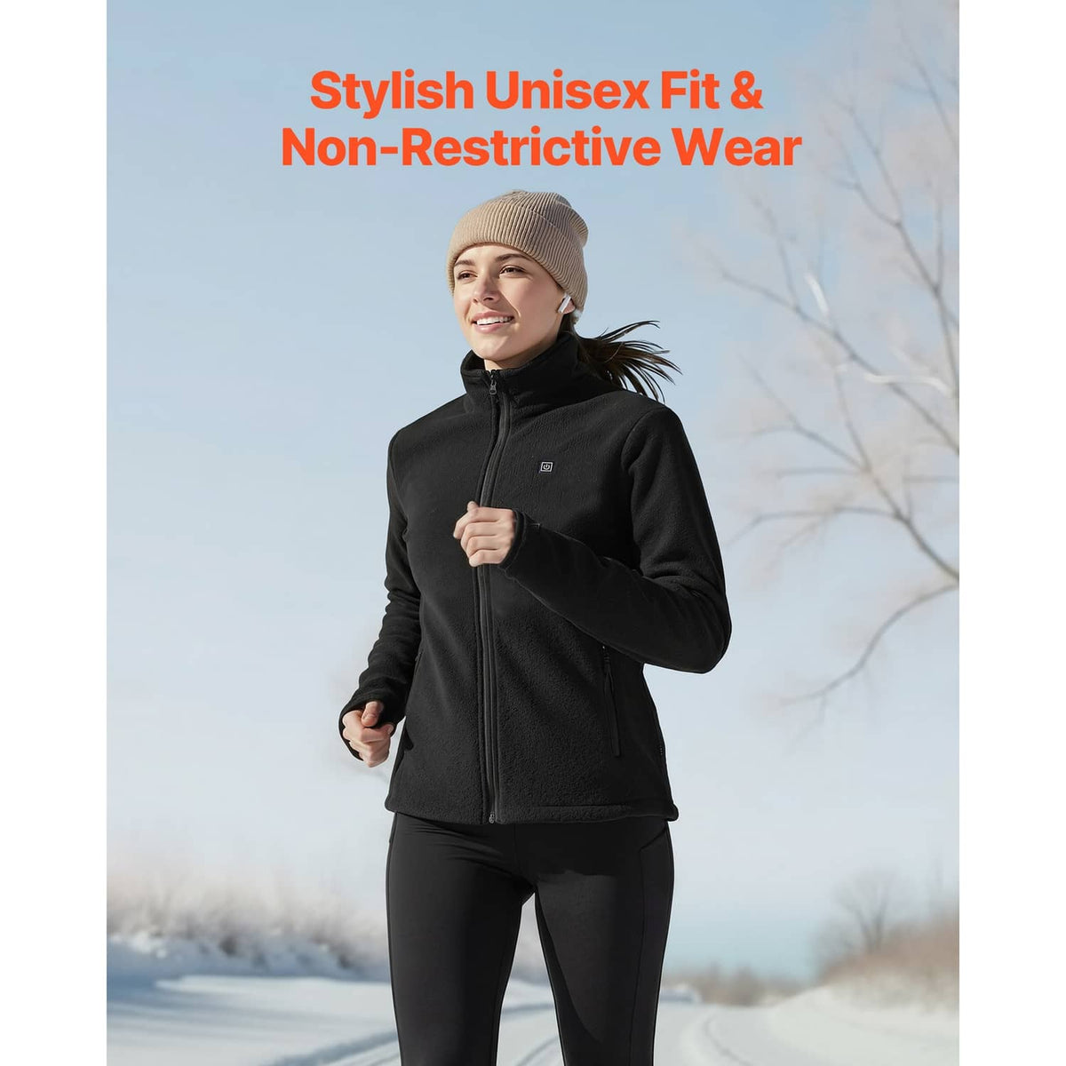 Black heated fleece jacket worn by a woman, full-zip with stand collar