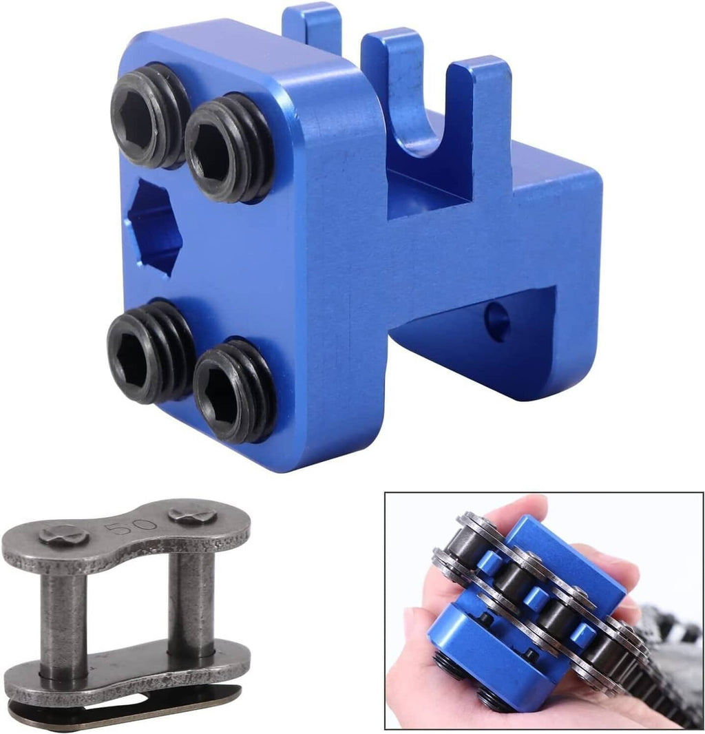 Blue master link chain press tool with four black dies and open transfer slot