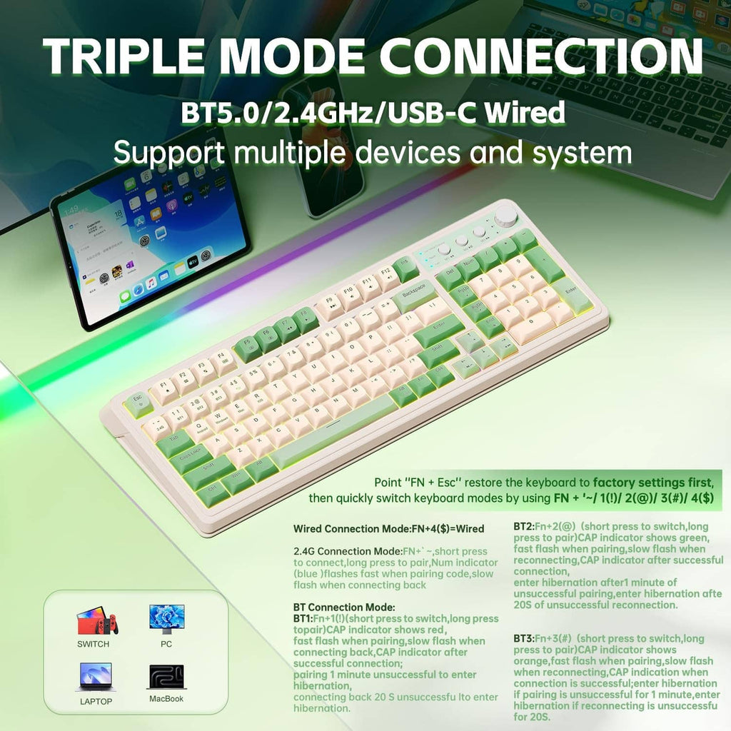 Cream and green gaming keyboard featuring triple-mode connection design.