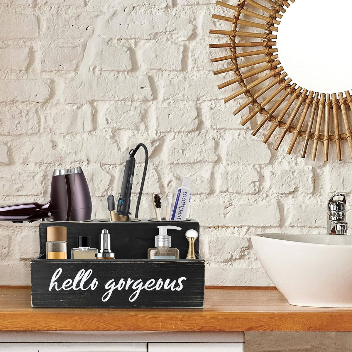 Black wooden hair tool caddy with cups holding brushes and styling bottles