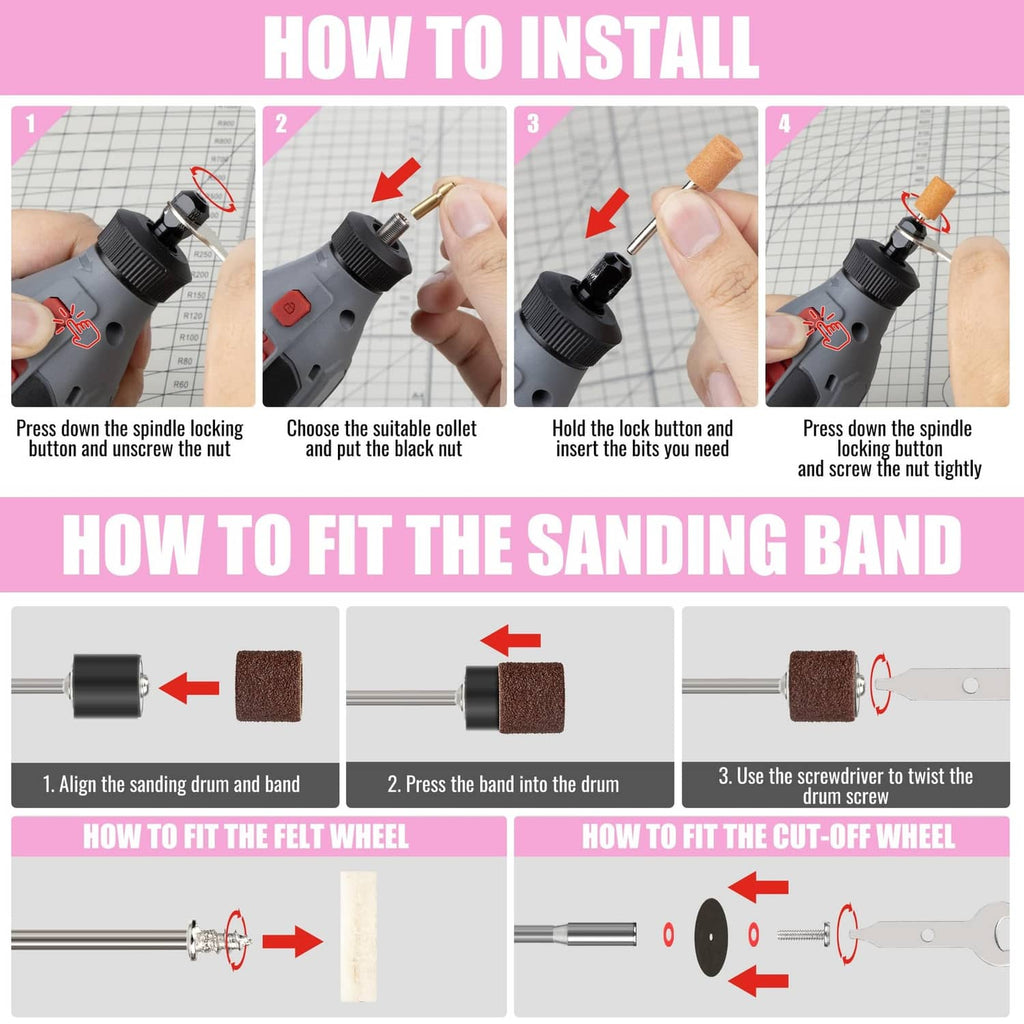 How to install collet and fit sanding band infographic for rotary tool accessories