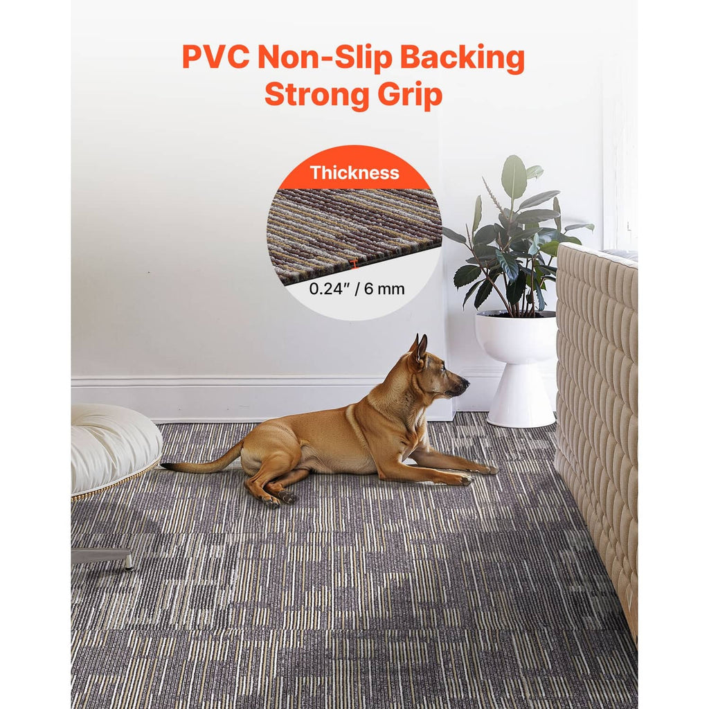 Gray and brown modular carpet tiles with textured top and non-slip backing