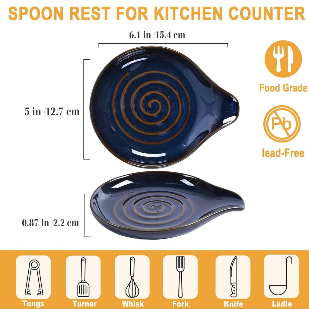 Dark blue ceramic spoon rest with concentric spiral details and side spout
