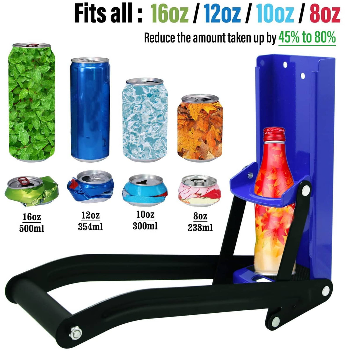 Wall-mounted can crusher for 16 oz, 12 oz, 10 oz and 8 oz cans and bottles