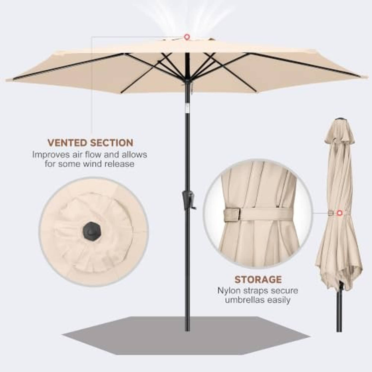 Beige patio umbrella with vented canopy and nylon storage straps