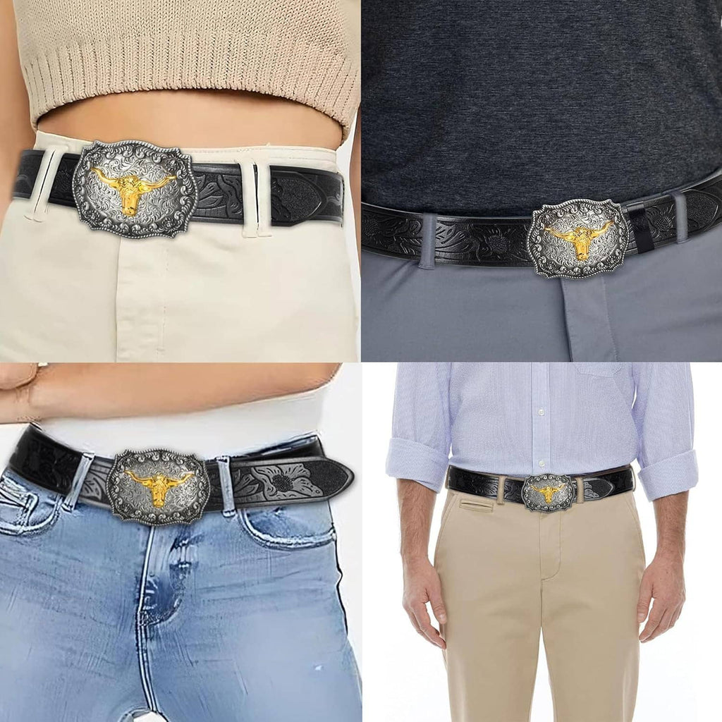 Black western belt on waist with engraved gold longhorn buckle and silver-toned frame