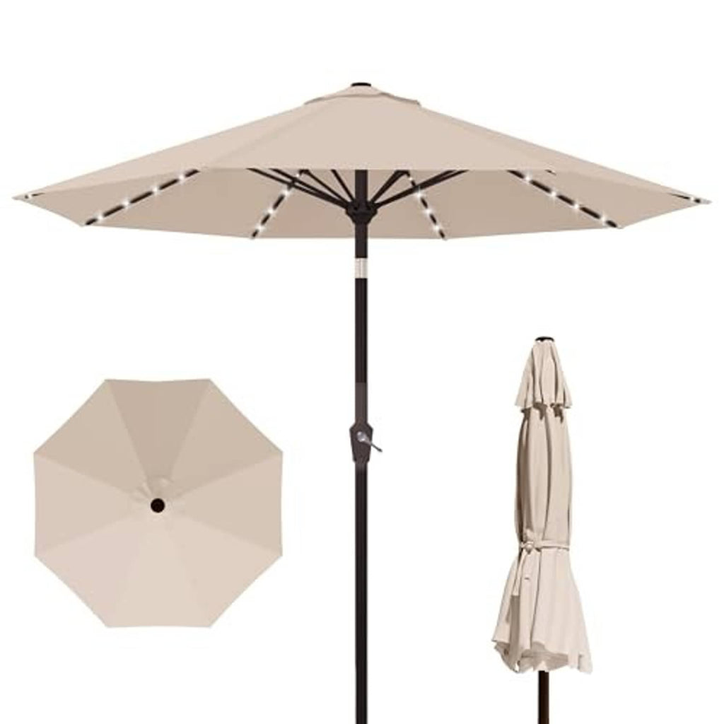 Beige outdoor patio umbrella with solar LED light string and open vented canopy