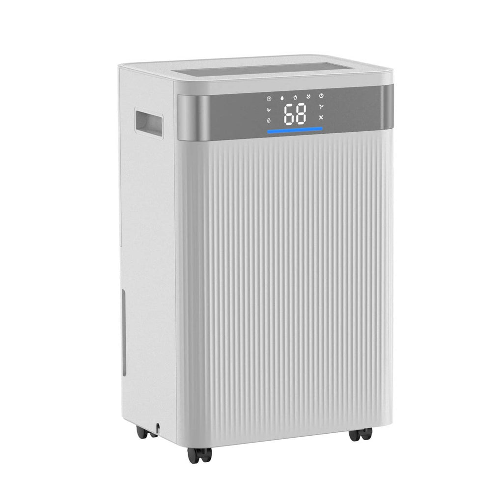 White countertop dehumidifier with digital humidity display showing 68% and wheels
