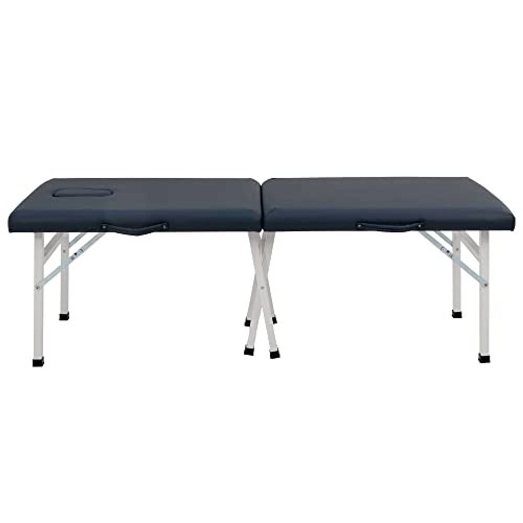 Royal blue dual-section portable massage table with center fold and white metal legs