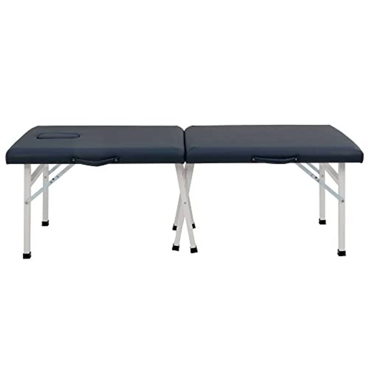 Royal blue dual-section portable massage table with center fold and white metal legs