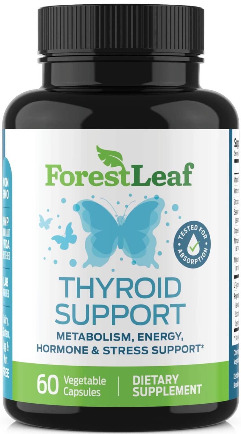 Thyroid support supplement bottle, black with ForestLeaf label and blue butterfly graphic close-up