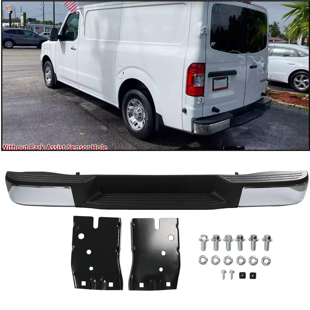 Rear bumper assembly with chrome-look accents and no park assist sensor hole, includes brackets