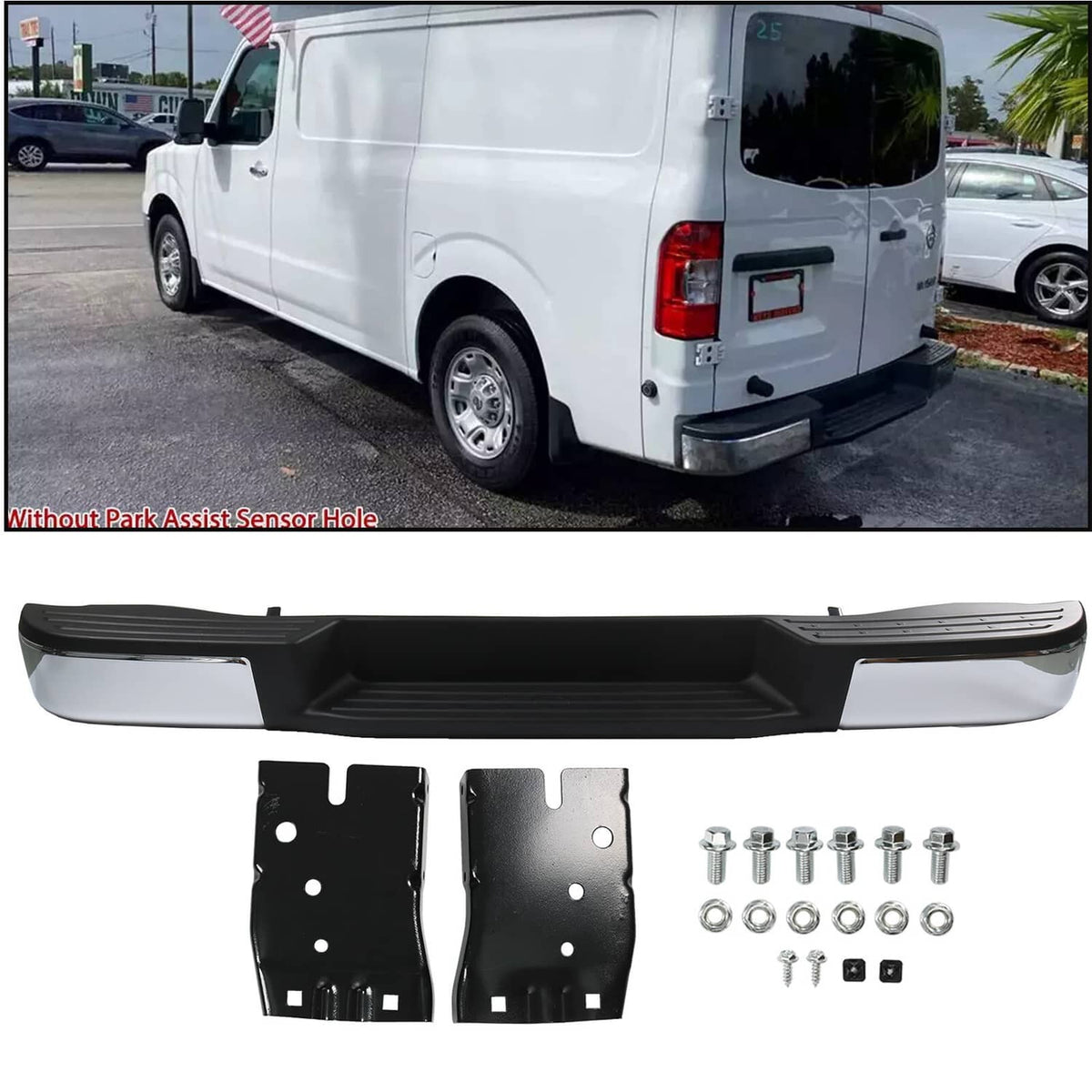Rear bumper assembly with chrome-look accents and no park assist sensor hole, includes brackets