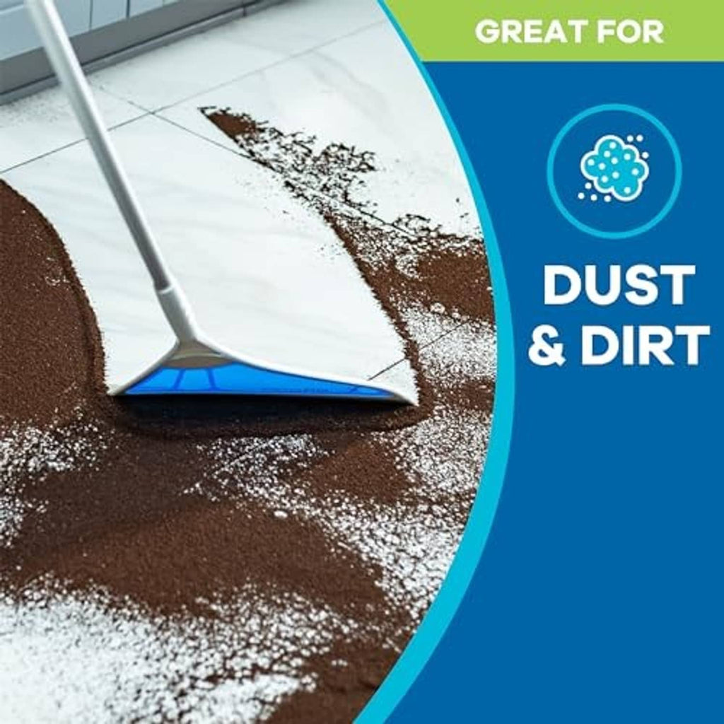 Floor squeegee tool with blue blade for sweeping dust and dirt from tile