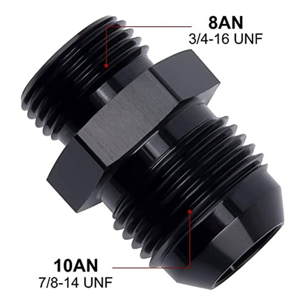Black AN8 to 10AN O-ring adapter fitting with hex section and threaded ports
