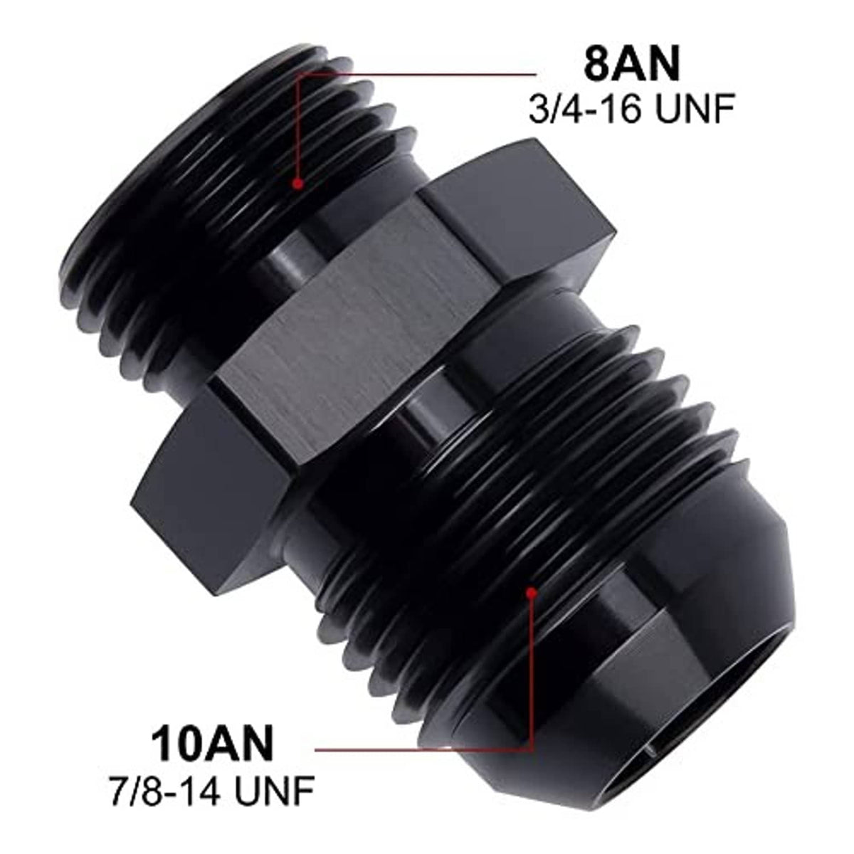 Black AN8 to 10AN O-ring adapter fitting with hex section and threaded ports