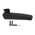 Black car seat armrest with installation hardware including screws and washers