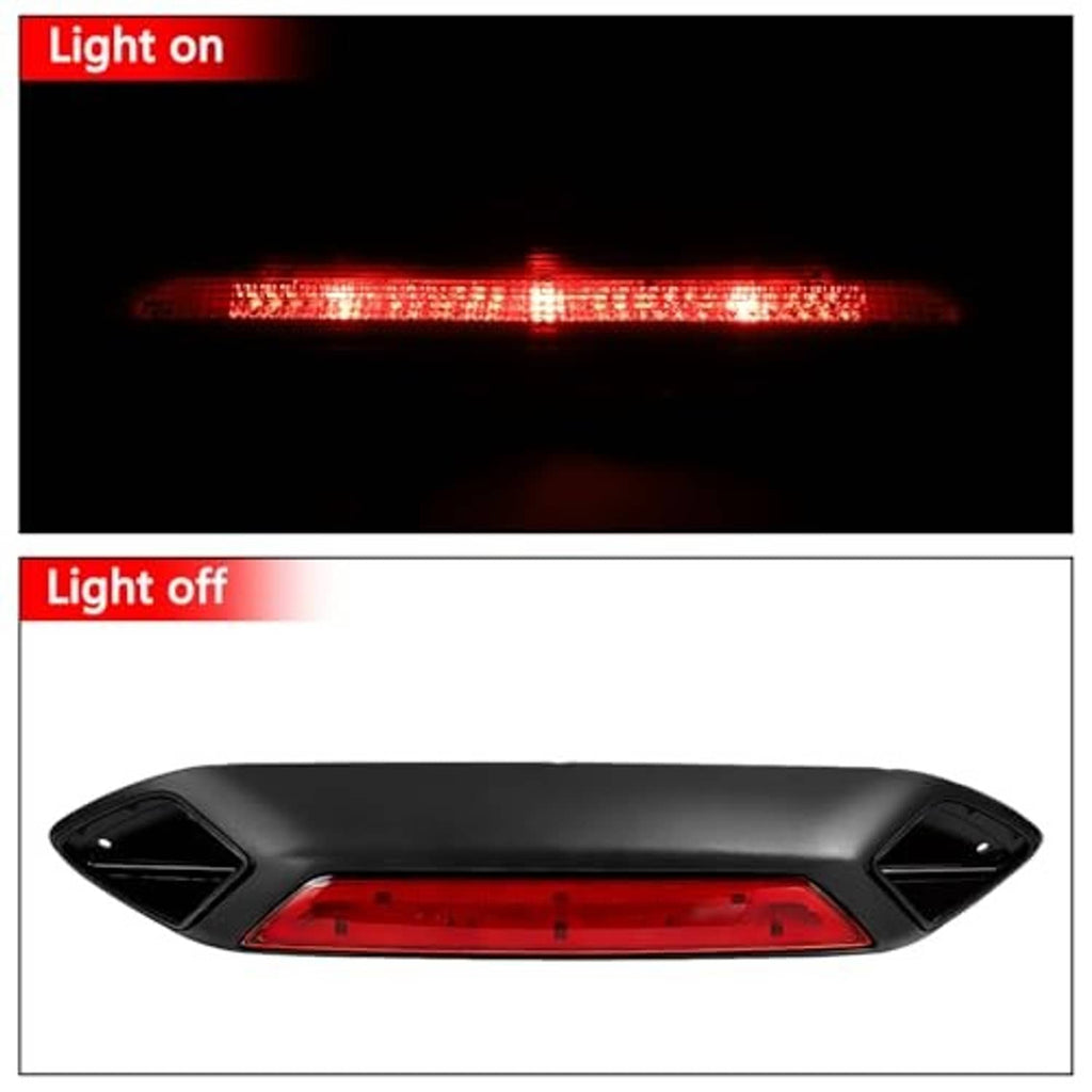 LED third brake light assembly showing red illumination when on and red lens when off