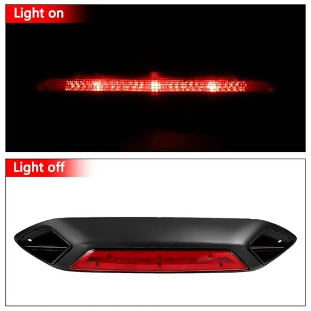 LED third brake light assembly showing red illumination when on and red lens when off