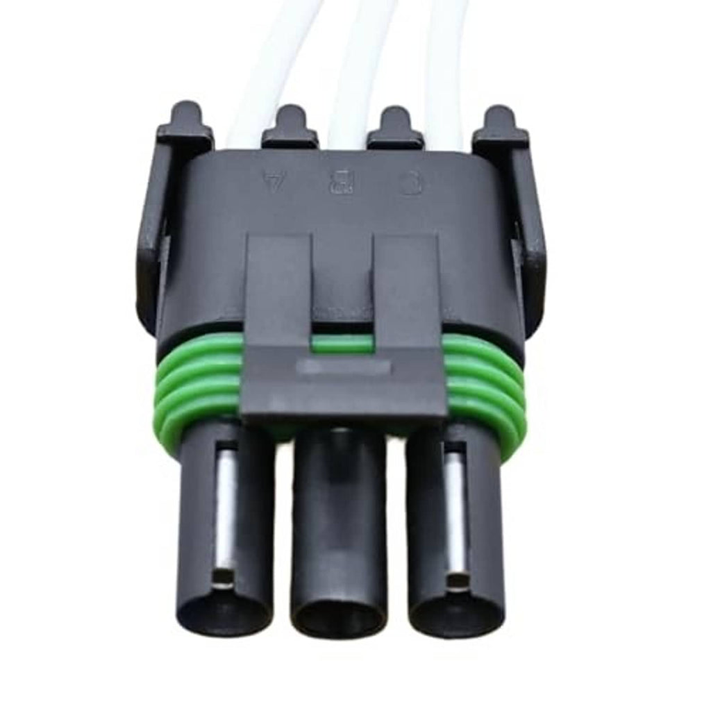 Throttle position sensor connector pigtail, front view of black housing with three ports