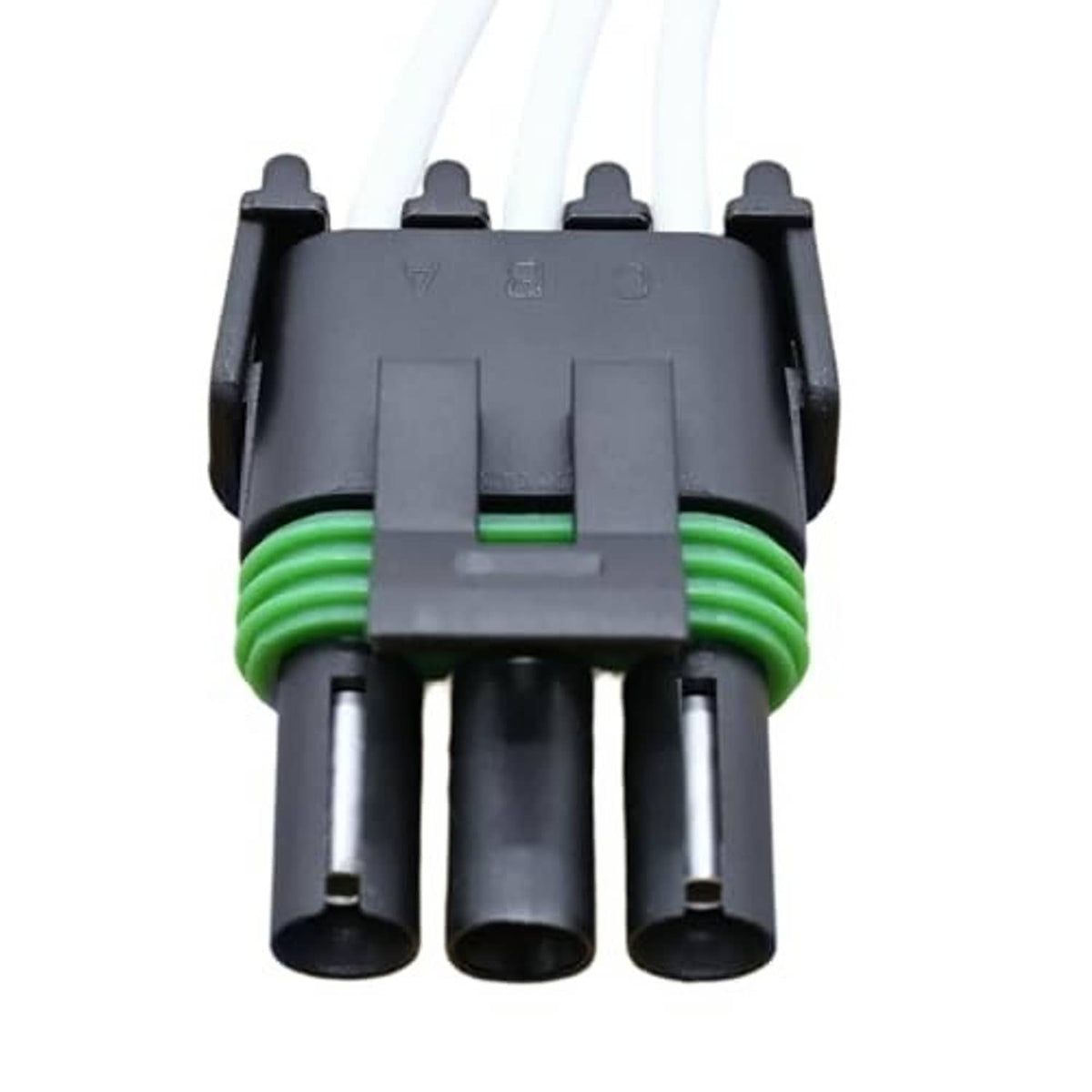 Throttle position sensor connector pigtail, front view of black housing with three ports