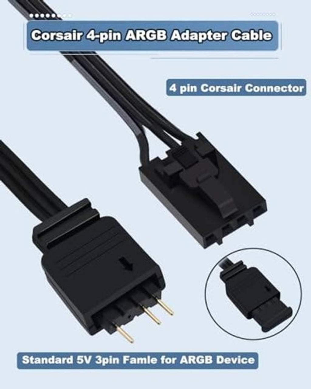 4-pin ARGB adapter cable close-up, black 4-pin connector and 3-pin plug
