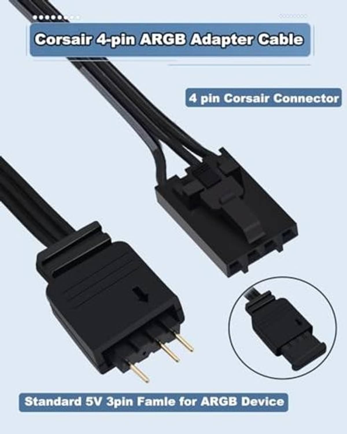 4-pin ARGB adapter cable close-up, black 4-pin connector and 3-pin plug