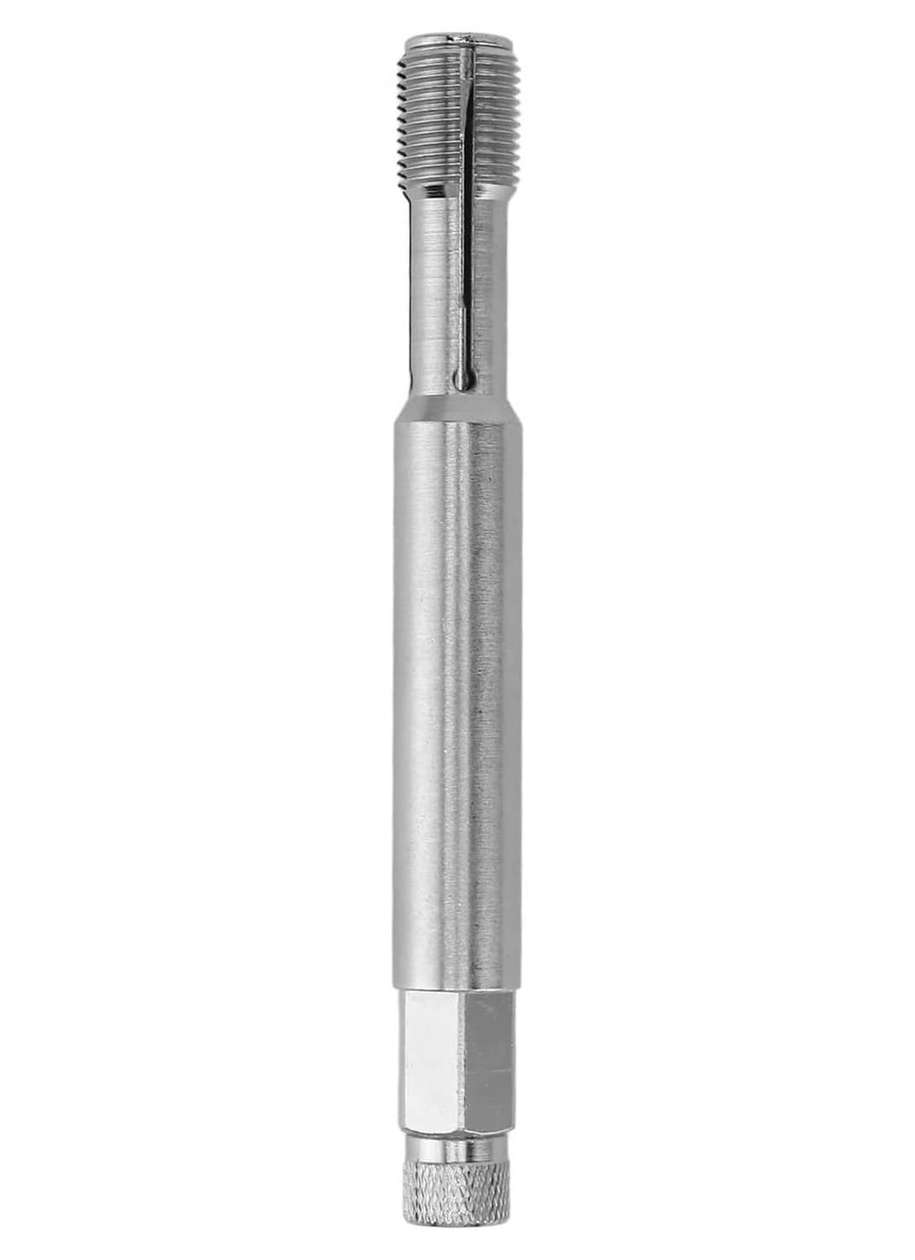 Silver metal 14mm back tap thread repair tool with knurled handle and threaded end
