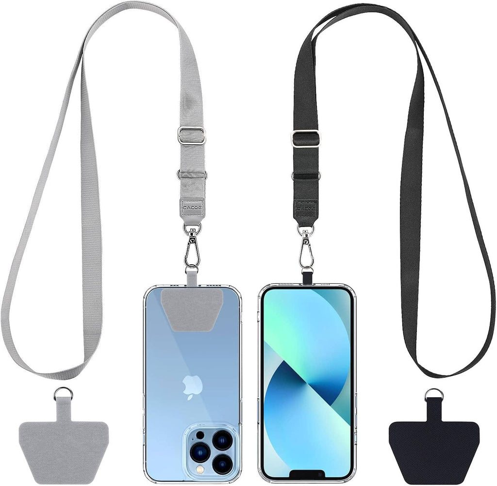 Adjustable phone lanyard set with gray and black straps and two phone patch holders